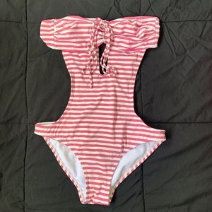 One piece swimsuit w/ white & pink glitter stripes